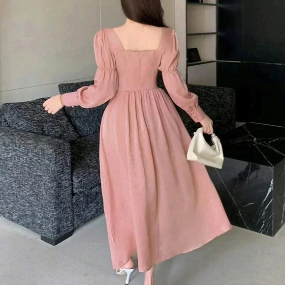 Empire Waist Buttoned Decor Lantern Sleeve Dress - Picture 4 of 6